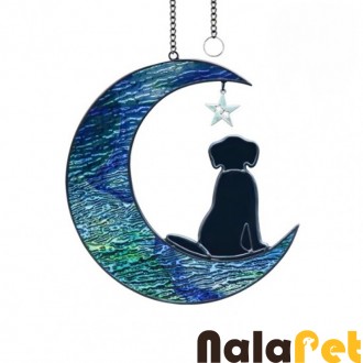 Dog Stained Glass Moon Suncatcher – Modern Window Hanging & Wall Art for Home & Garden Decor – Pet Memorial Gift